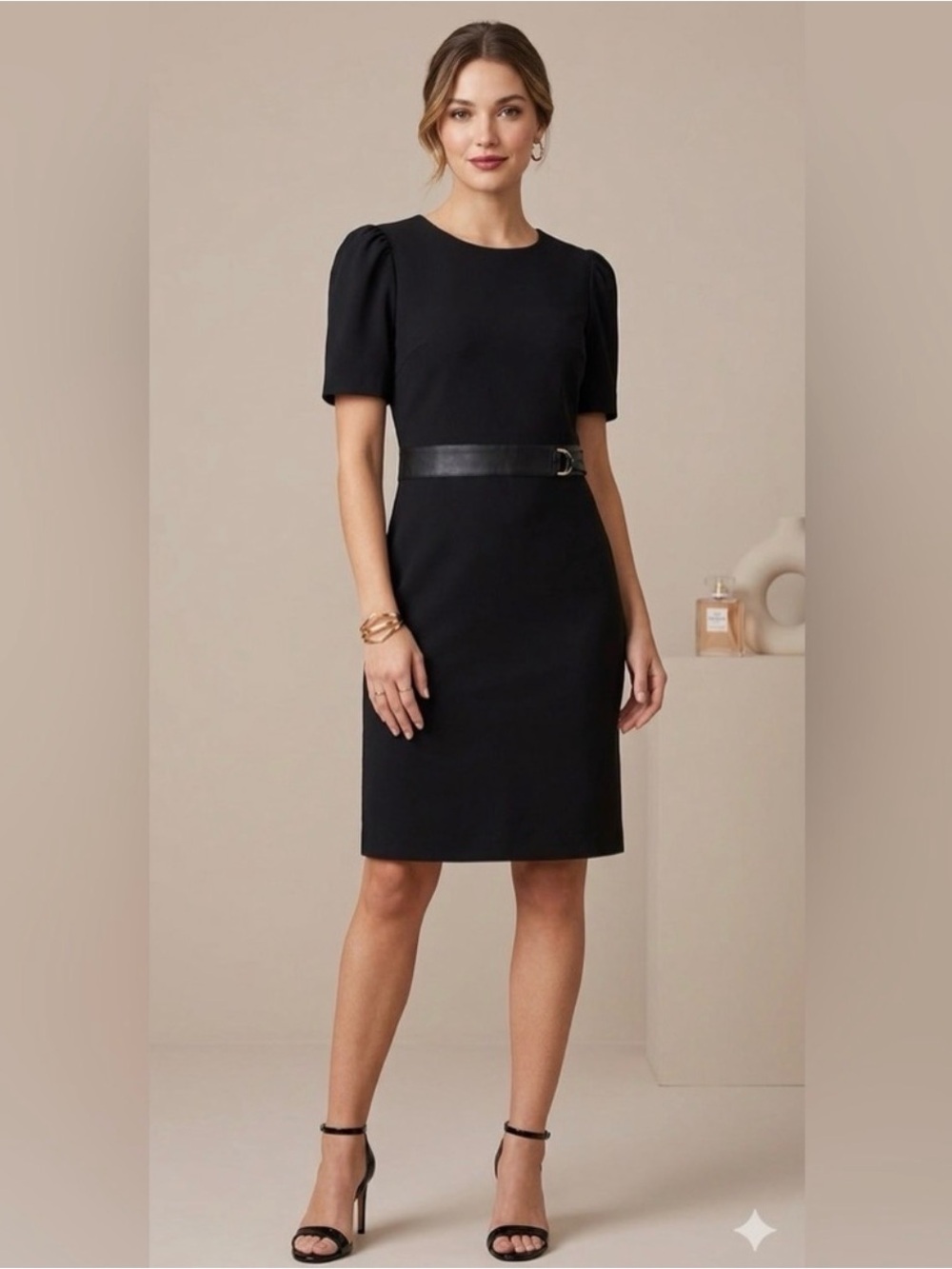 DKNY Black Puff-Sleeve Midi Sheath Dress with Waist Belt